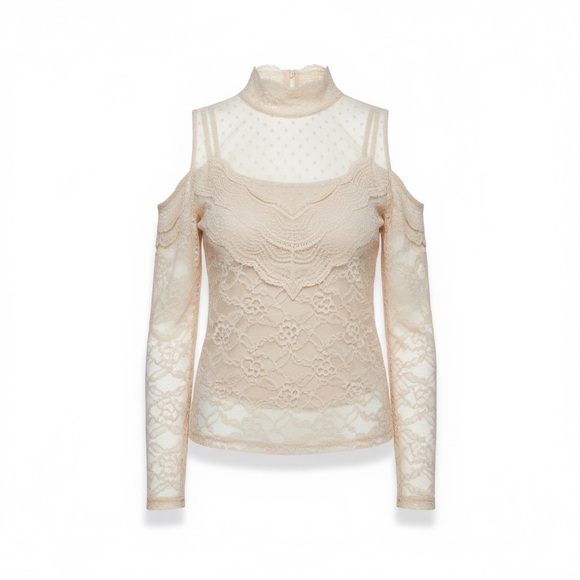 GUESS Antique Lace Funnel Neck Victorian-Style Sheer Open Shoulder Blouse Size S - Picture 13 of 14